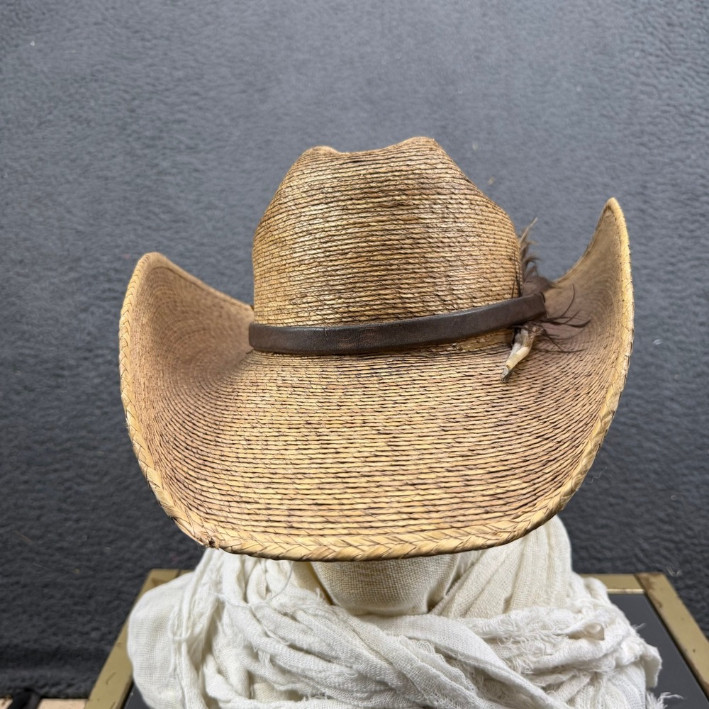 Vintage Palm Cord Cowboy Hat with Feather Leather Band Size 6 5/8 Tan Western